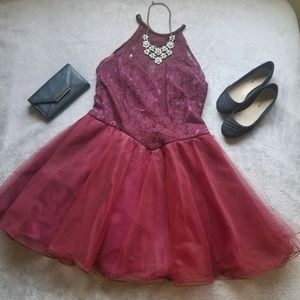 Burgundy Lace Tulle Skirt Dress